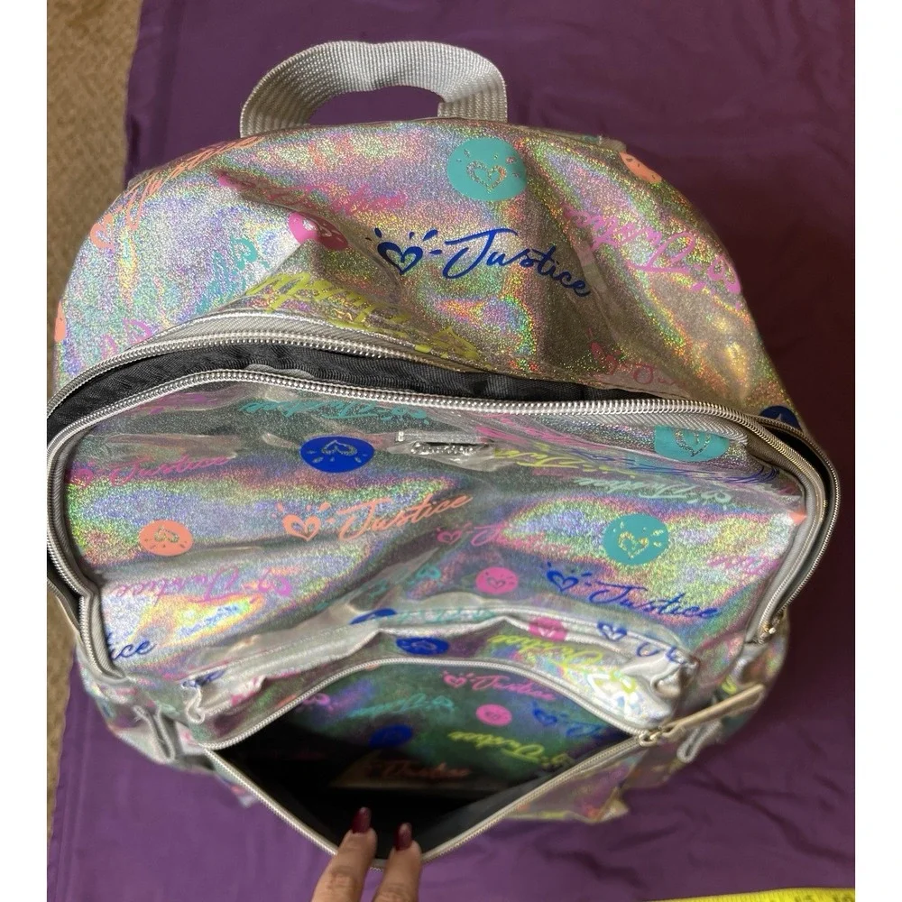 Justice NWOT Girls Laptop Backpack Iridescent‎ Silver/Multi Bookbag